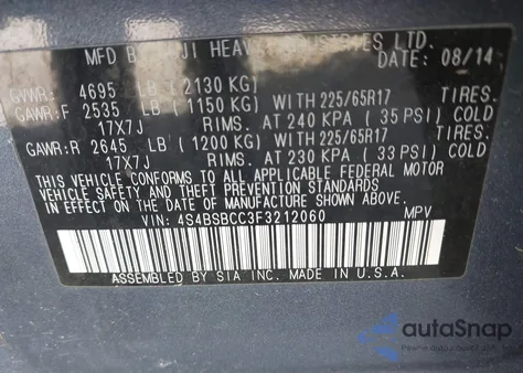 2015 Subaru Outback 2.5I Premium from USA, damaged, VIN 4S4BSBCC3F3212060